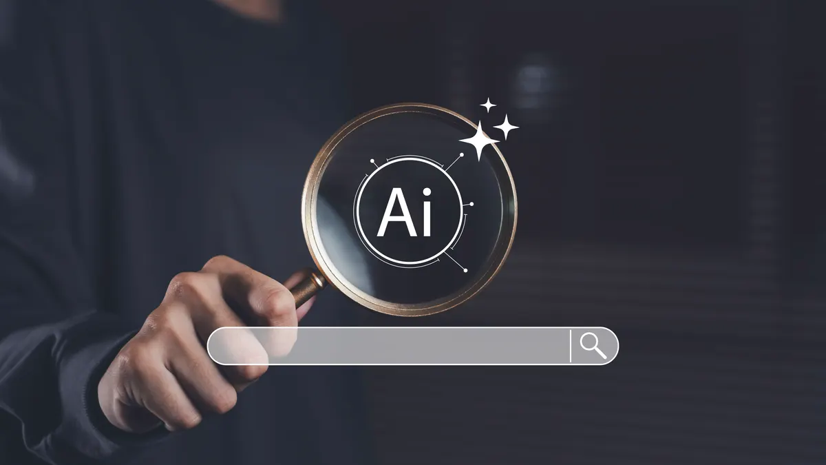 AI search optimization for ecommerce: magnifying glass focused on AI symbol with search bar, representing artificial intelligence technology used for smart search, digital exploration, and online data optimization.