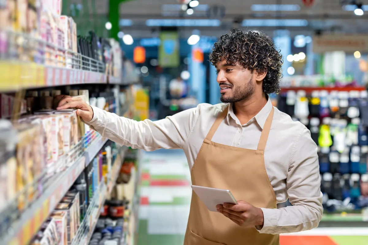 Collection page SEO: grocery store employee stocking shelves and working with a tablet device.