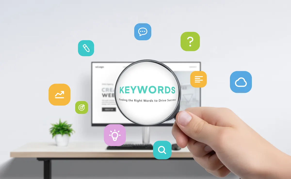 Ecommerce keyword research: magnifying glass enlarging keywords on desktop screen, surrounded by icons symbolizing research, ideas, search, writing, cloud, and target goals.