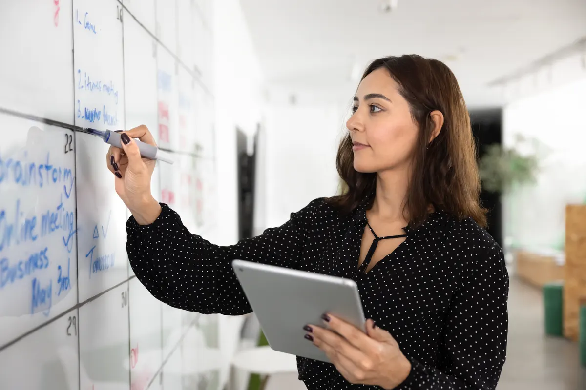 Ecommerce marketing budget: female Middle Eastern business project leader woman making Kanban board.