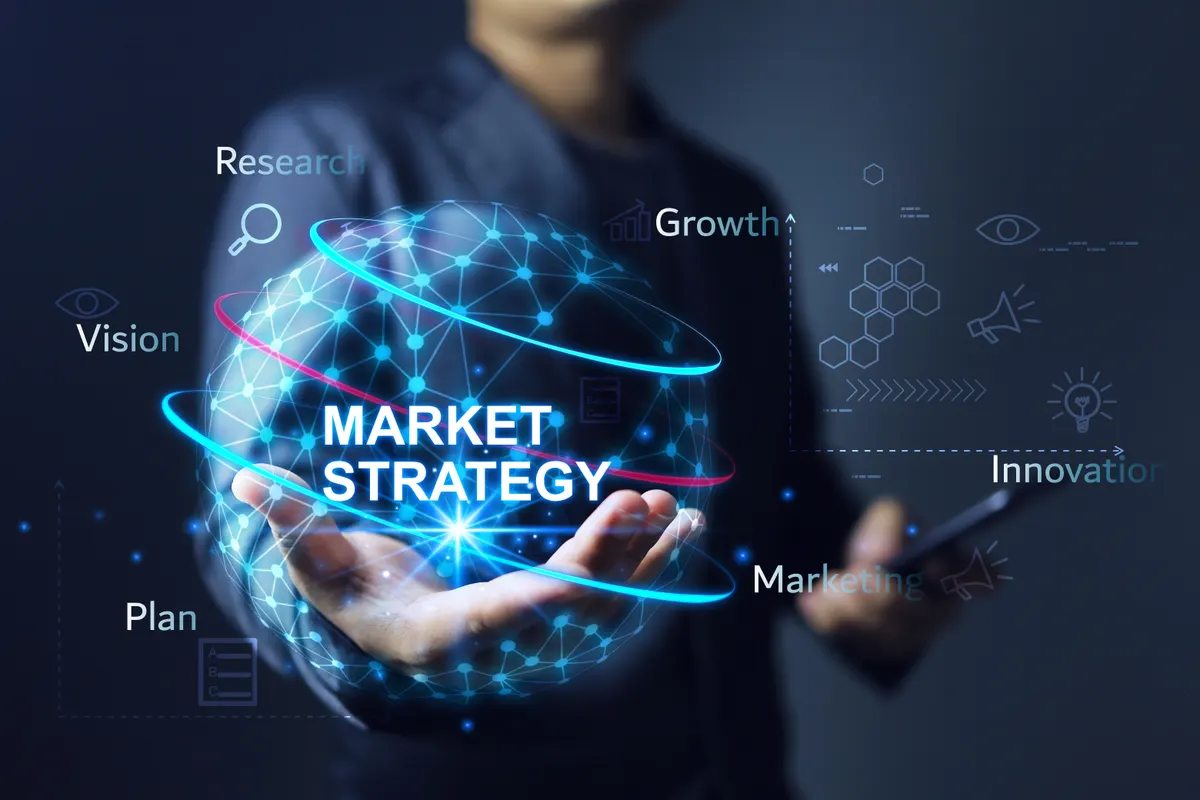 Marketplace and DTC channel strategy: market strategy concept with businessman holding the ball of business strategy to present and serve the products or services to customer.