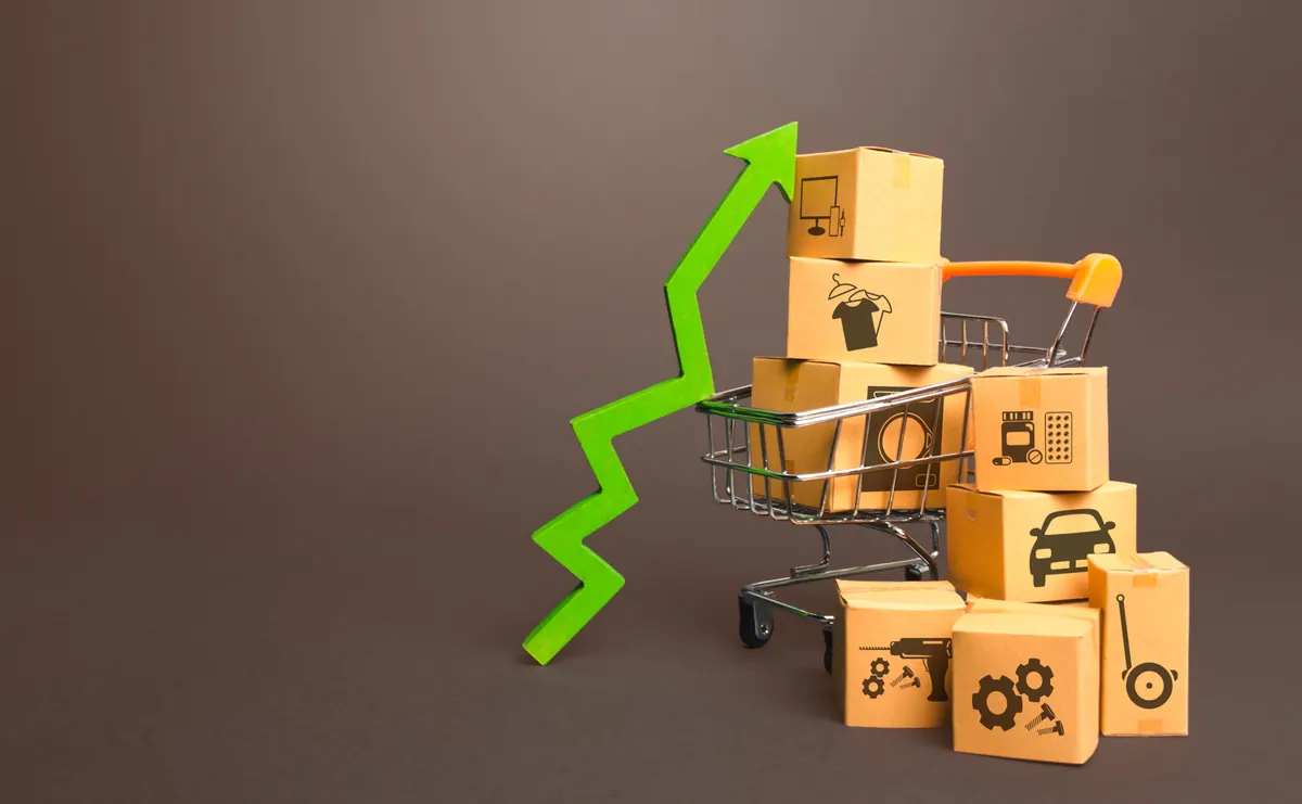 Subscription ecommerce growth: shopping cart with boxes and green up arrow. Growth trade production, increased sales rate. Improving consumer sentiment. High demand for goods, retail merchandise. Excitement agiotage, rising prices.