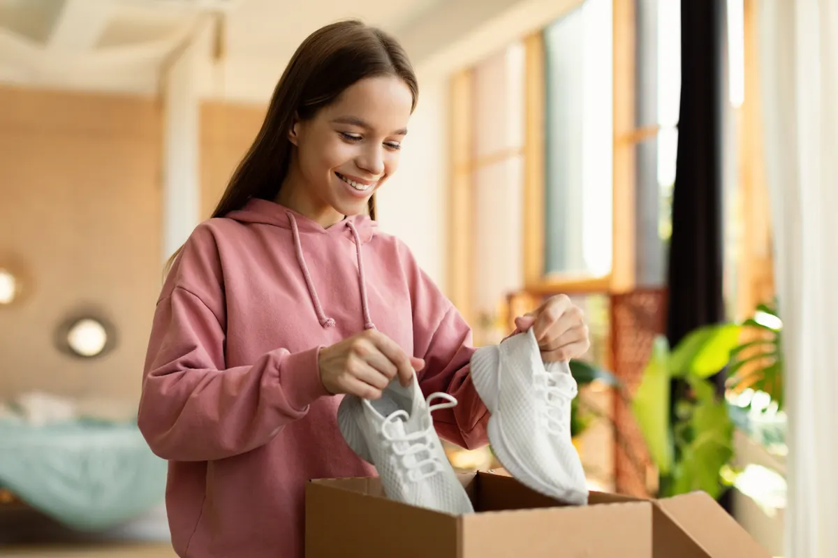 Footwear ecommerce marketing agency: happy teen girl buyer holding new footwear unpacking cardboard box, receiving shoes after successful online shopping.