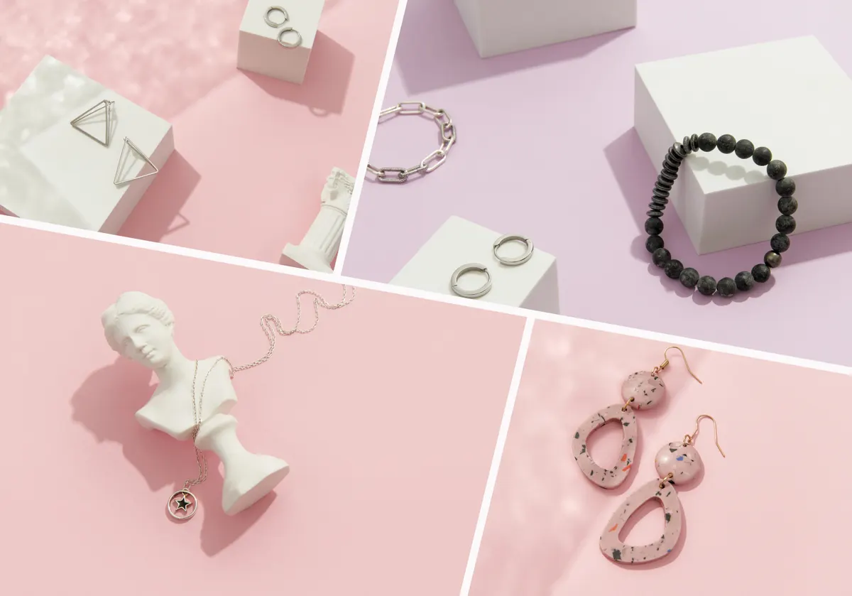 Jewelry & accessories ecommerce marketing agency: collage with silver jewelry set on pink background. Trendy accessories in minimalist style.