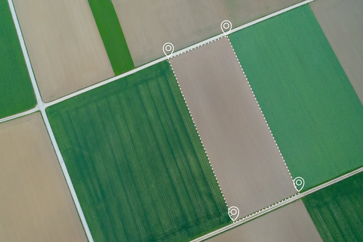 GTIN, MPN and brand: land plot in aerial view. Identify registration symbol of vacant area for map. That property, real estate for business of home, house or residential i.e. development, sale, rent, buy or investment.