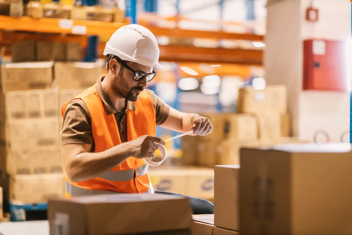 How returns quietly eat your ROAS: a delivery center worker is using tape to pack shipment.