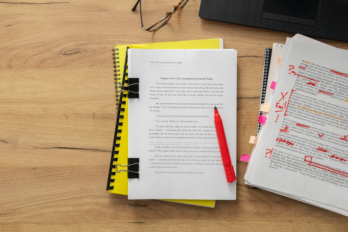 How we keep 700 pages honest: top view of a cluttered editor's desk during a document review session. Printed pages with red ink markups, binder clips, markers, and notebooks reflect the detailed process of professional copy.