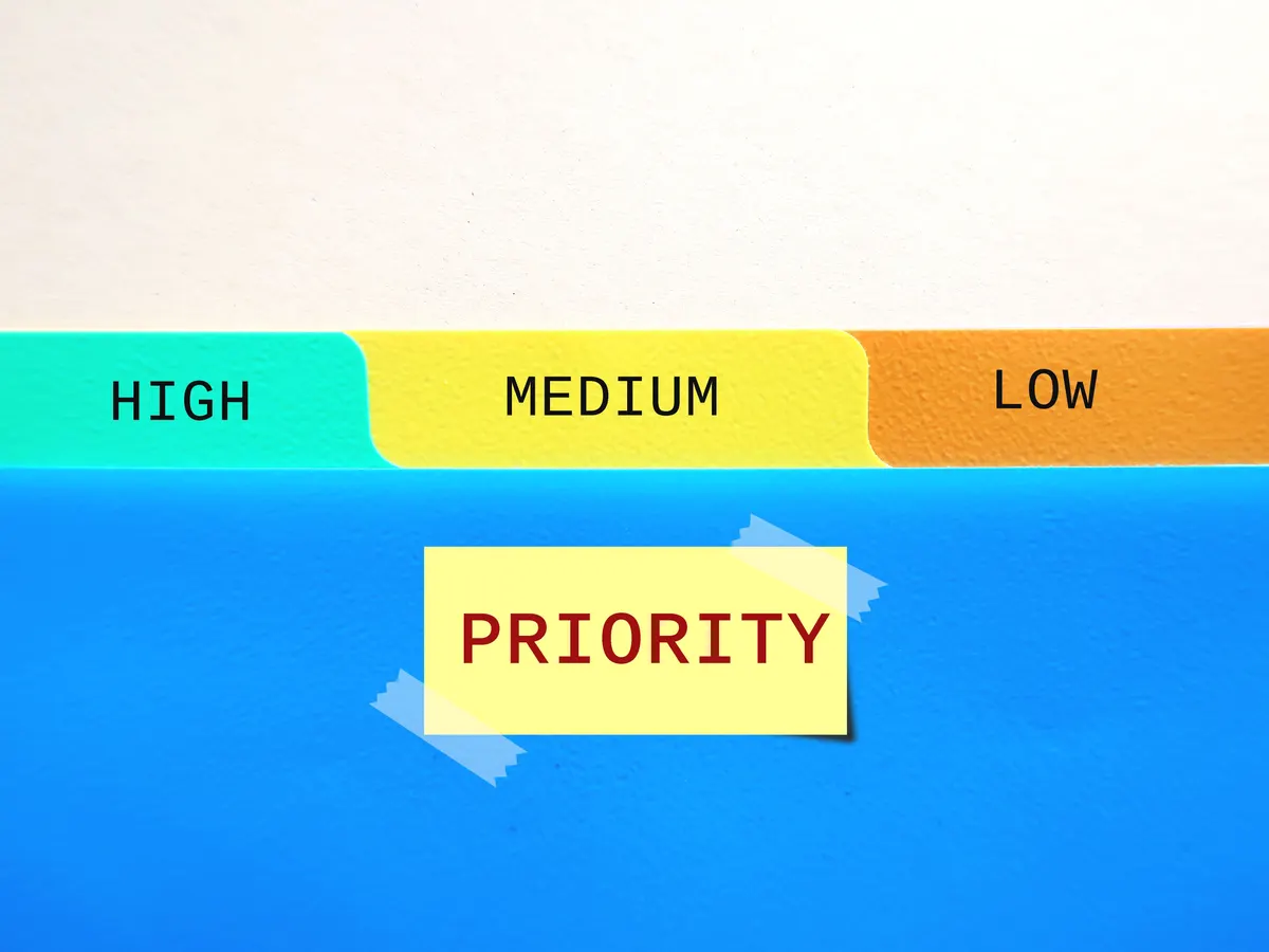 How we prioritise fixes across the four levers: folder with stick note PRIORITY, and tags HIGH MEDIUM LOW, concept of time management, arranges items or activities in order of importance or urgency.
