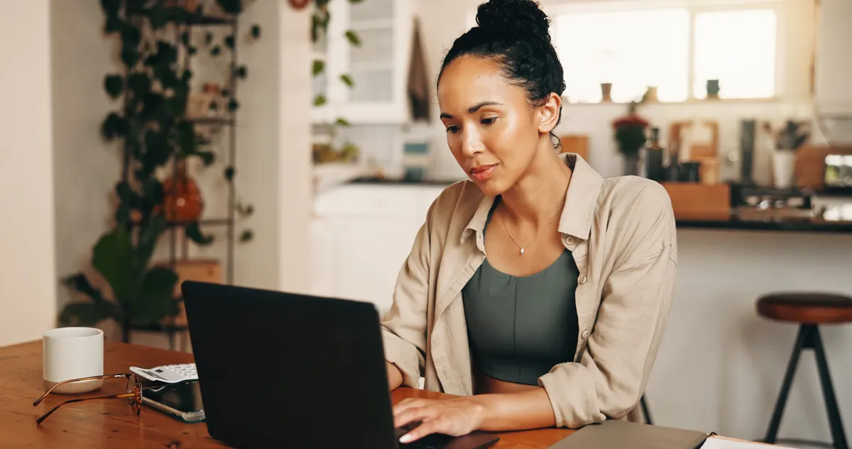 Review schema: remote work, finance or woman in house with laptop, profit change or news update on investment return. WFH, typing or analyst in home with tech, budget review or revenue growth on client account.