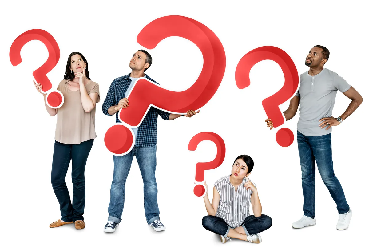 The product page questions that stop people buying: diverse people holding question mark icons.