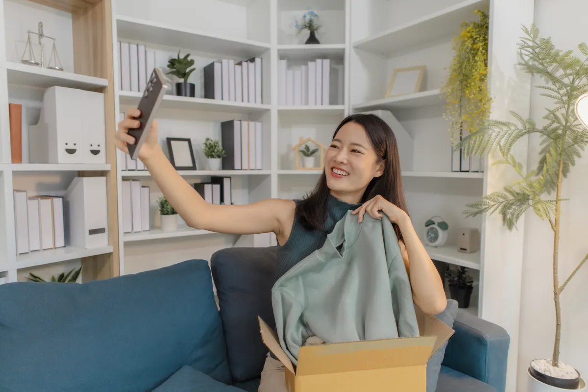 UGC that sells vs UGC that just looks real: young Asian woman unboxing clothes from a delivery box at home, checking items and reacting with both satisfaction and disappointment, showing real online shopping experience and customer expectations.