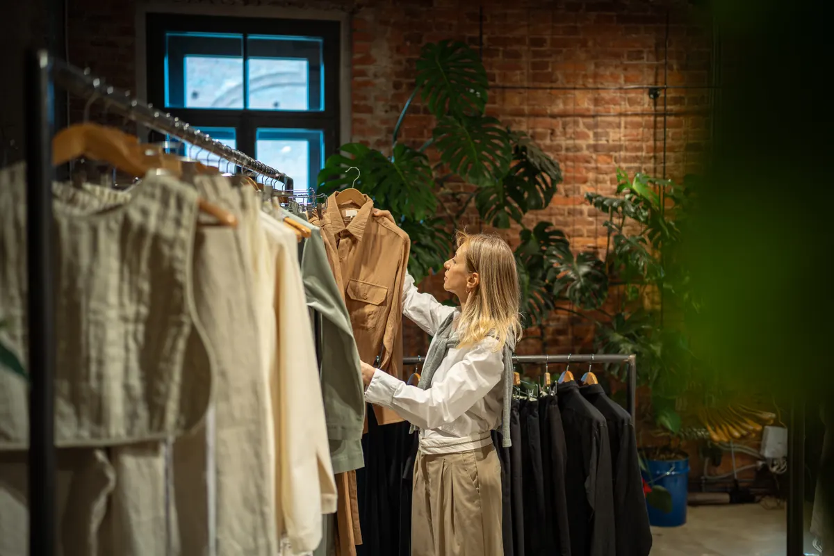 What we look at in the first hour on a new store: interested woman chooses clothes to buy in store, holds hanger with dress in hands, looks price tag.