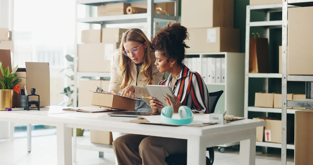 What we won't do for a store: women, tablet and teamwork for office logistics, package and e commerce checklist with stock of online shop. Small business people or seller with digital tech, box and clipboard for website order.