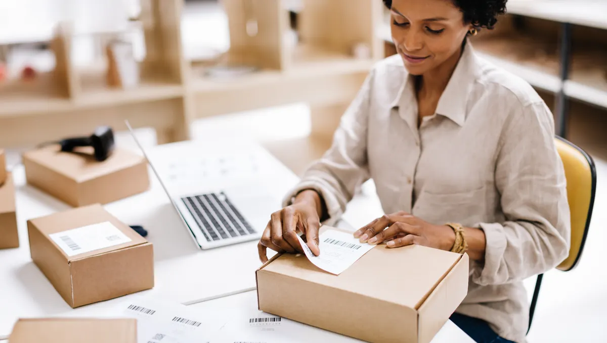 A store owner at a desk packing an order beside her laptop