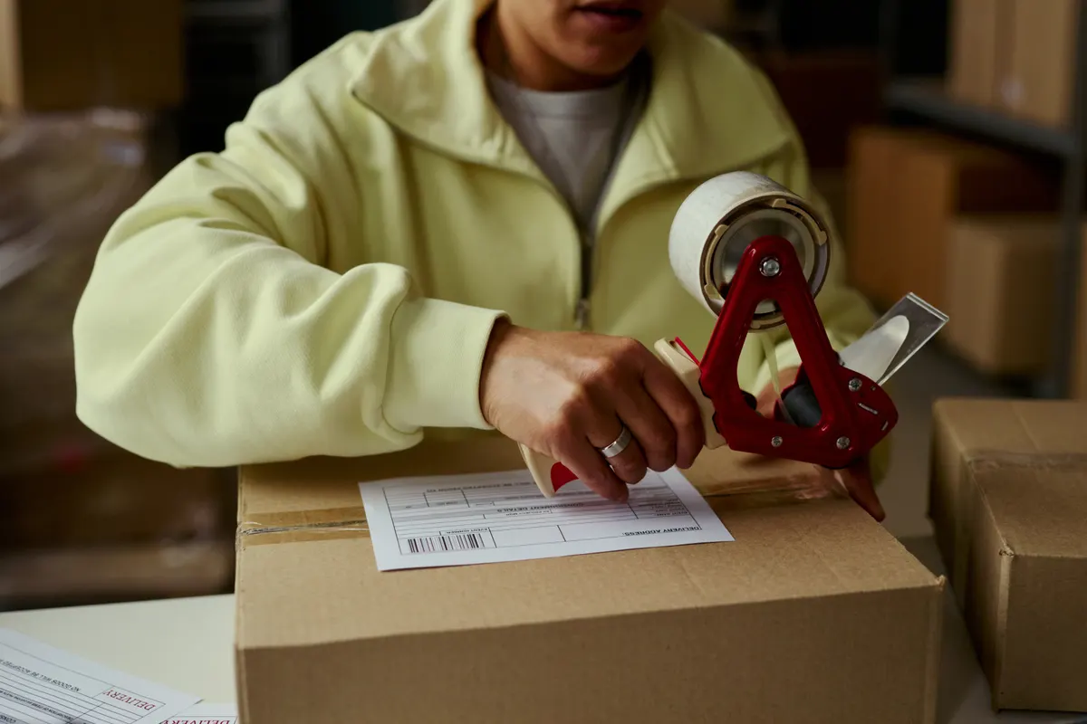 K-beauty marketing agency: adult Woman Sealing Shipping Box for E Commerce Order Fulfillment.