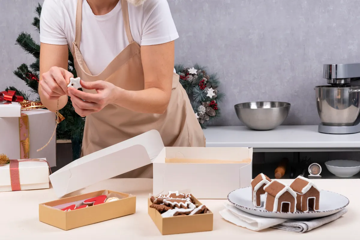 Specialty bakery marketing agency: pastry chef is packing Christmas sweets into boxes. Gingerbread cookies.