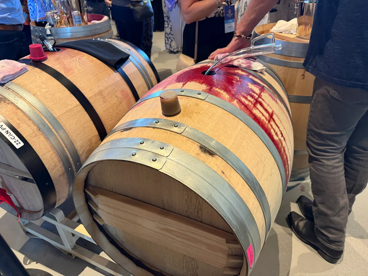 Winery marketing agency: person Sampling Red Wine from Oak Barrel with Wine Thief.