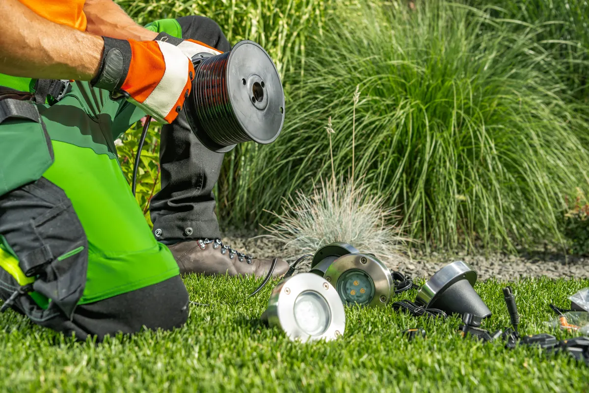 Outdoor lighting marketing agency: landscaper Installing Outdoor Garden LED Lighting.