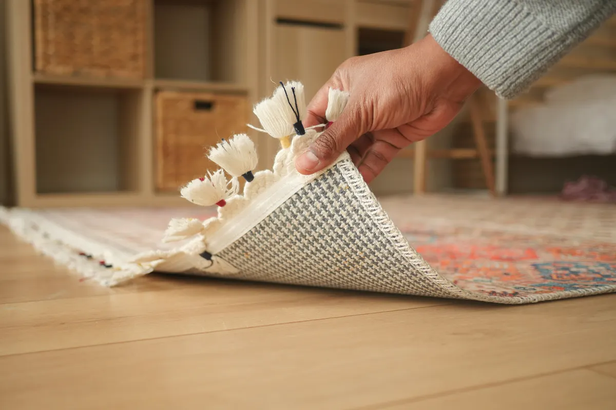 Rug marketing agency: rolling up a colorful rug in a cozy living space.