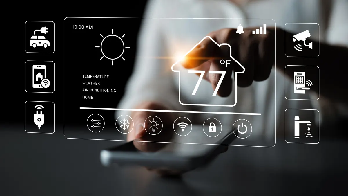 Smart home device marketing agency: modern Smart Home Interface with Temperature Control, Weather Updates, and Security Settings Displayed on a Touchscreen Device.