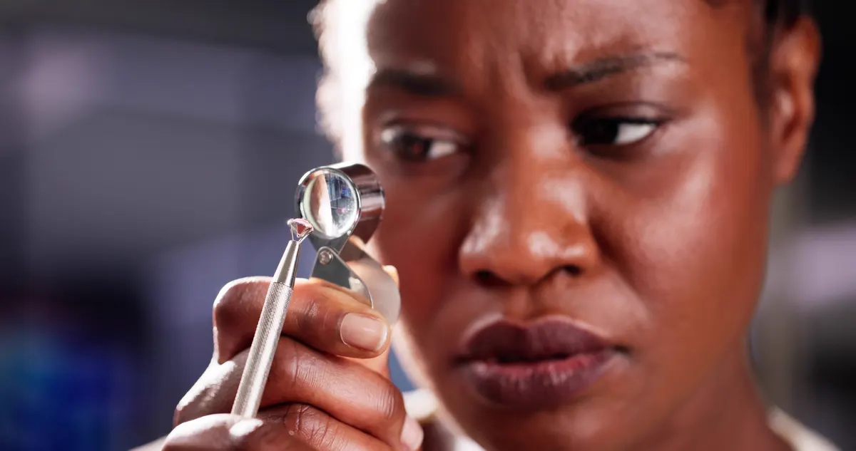 Lab-grown diamond marketing agency: diamond Inspector Examining Quality Through Magnifying Loupe in African-American Jeweler's Shop. Woman Assessing Gemstone Value.