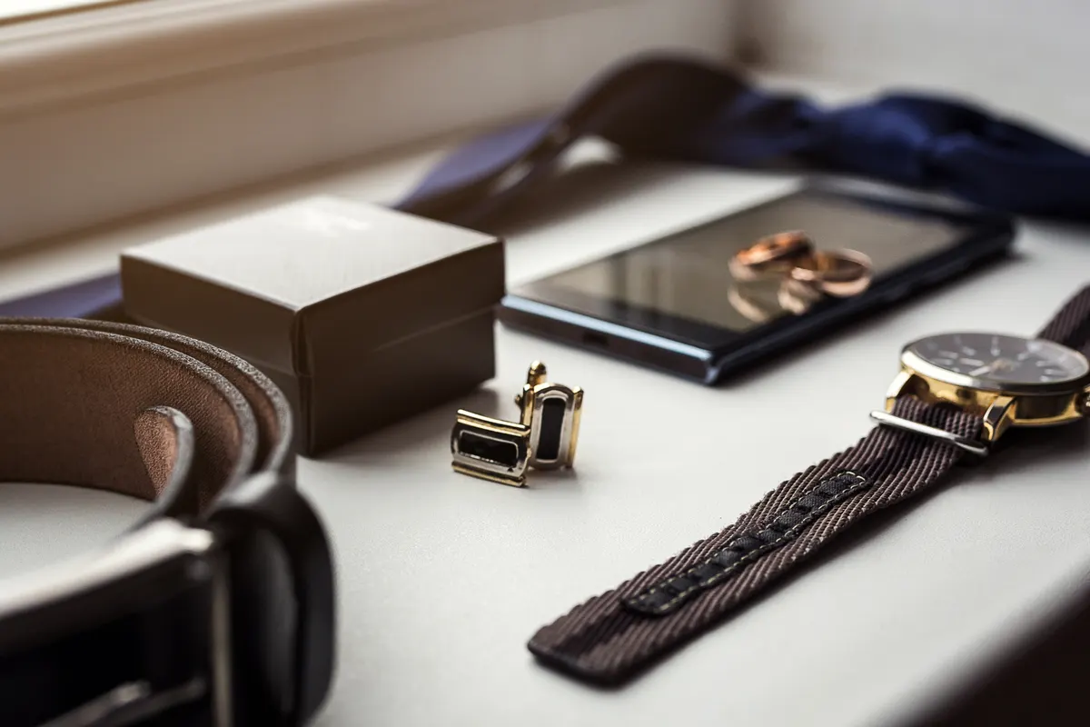 Men's jewelry marketing agency: different men's accessories such as: cufflinks, watches, rings, belt, tie and phone - are on the table.