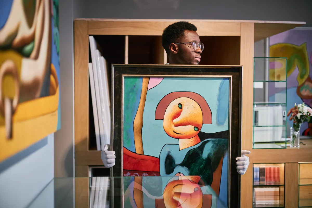 Fine art marketing agency: holding Modern Abstract Art Painting in Gallery Setting.