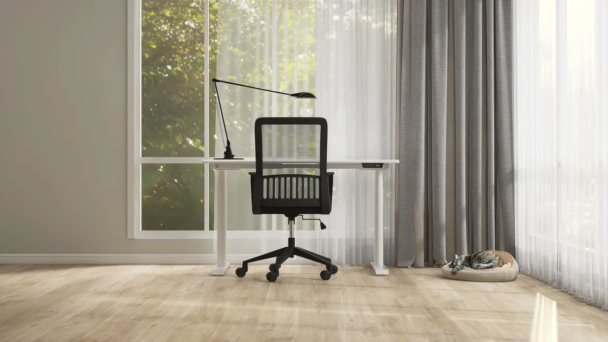Luxury pet marketing agency: modern, minimal working desk, black office chair, cat sleeping in pet bed in cozy room in sunlight from white sheer, gray blackout curtain drapery window.