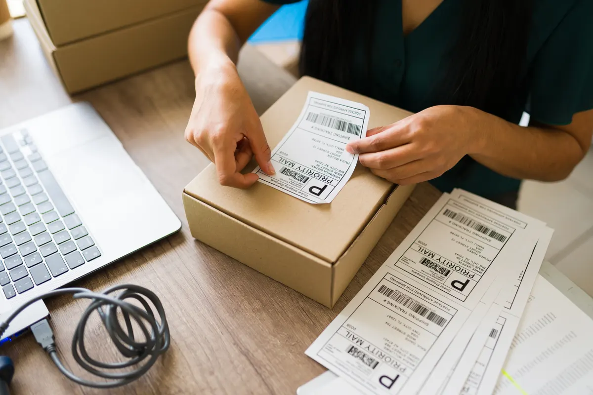 Cross-border ecommerce marketing agency: closeup of a female business owner preparing a shipment, affixing a priority mail label to a cardboard box at her small business office.