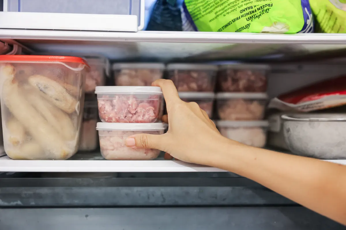 Raw pet food marketing agency: close up of woman hand taking clear plastic food containers with raw minced meat from the freezer. Organizing refrigerator, daily food preparation, meal prep, household routine and kitchen storage.