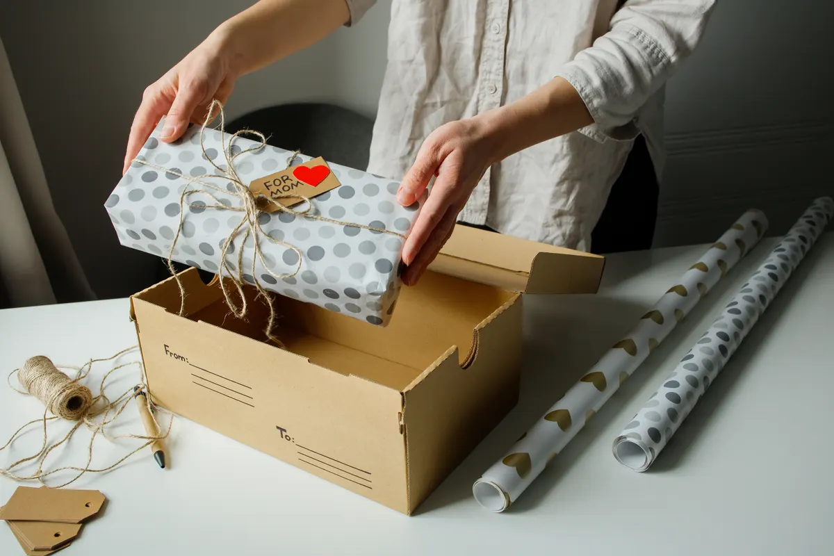 Personalized gift marketing agency: woman putting a gift for her mom into a postal delivery box to prepare it for sending.
