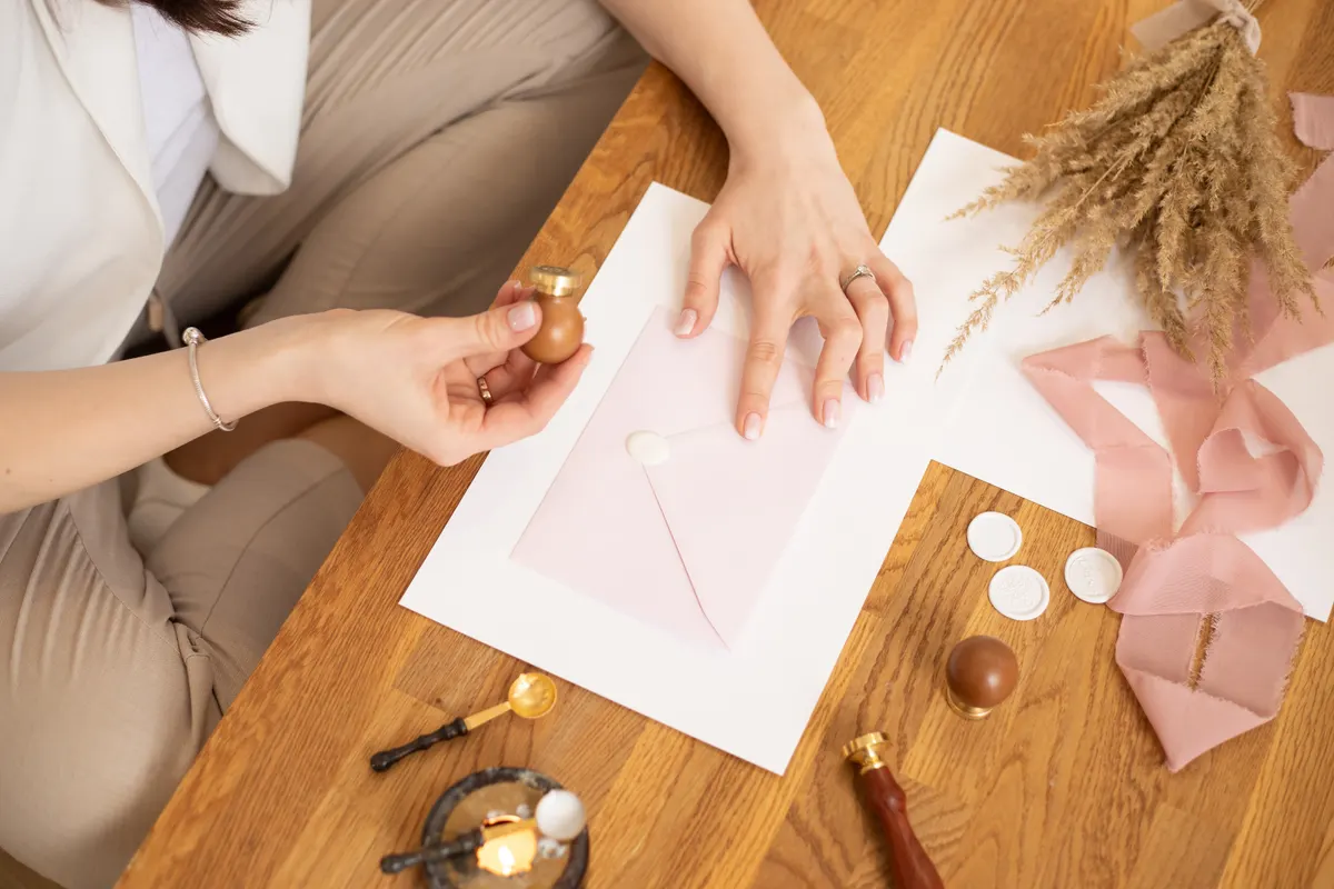 Wedding invitation marketing agency: cropped photo of woman hands making weeding invitation envelope craft, decorate adorn pink ribbon and seal wax. Hobby.