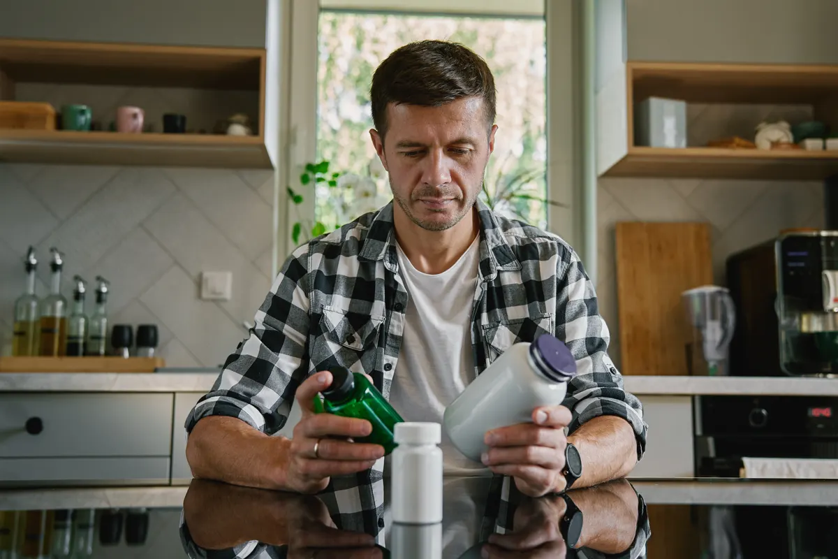 Supplement subscription marketing agency: man taking pills from various medicine bottles in kitchen.
