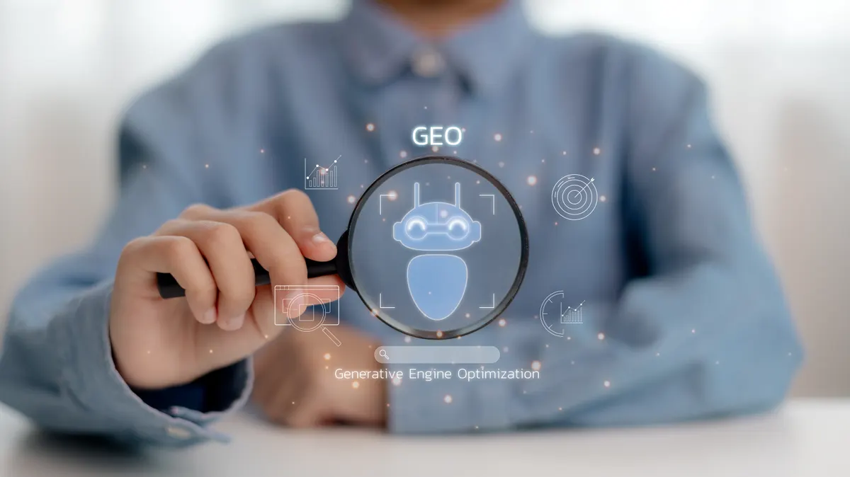 AI search optimization for ecommerce: gEO Concept. Generative Engine Optimization for Online Marketing Strategy, icons representing AI, coding, modern online marketing, and advertising strategies. AI search,.