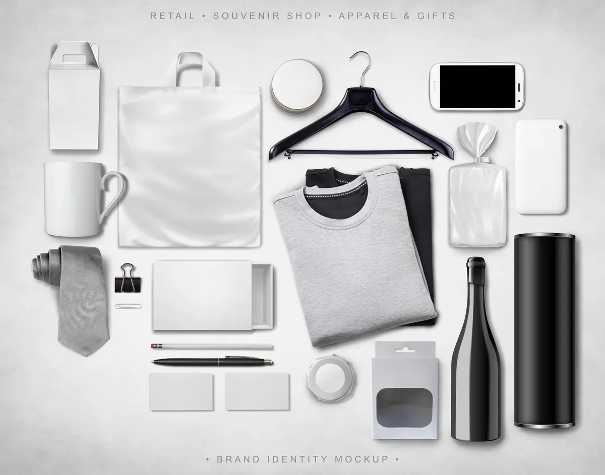 Marketplace advertising agency: product mock-up of various business items creating a scene upon which to drop your logo and designs to showcase how a brand is generated for your clients for ma.