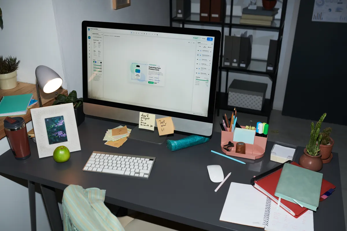 Performance max agency: home Office Workspace Displaying Ecommerce Product Design on Desktop.